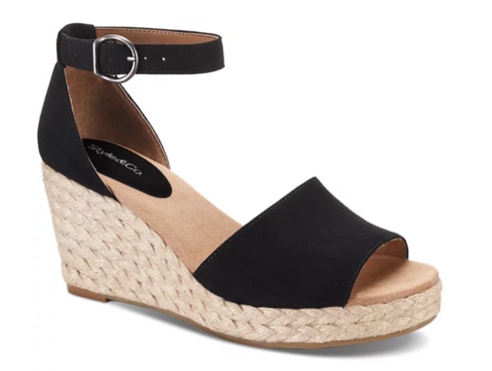 STYLE & CO WOMEN'S SELEENEY FAUX SUEDE WEDGE SANDALS BLACK 10W NEW